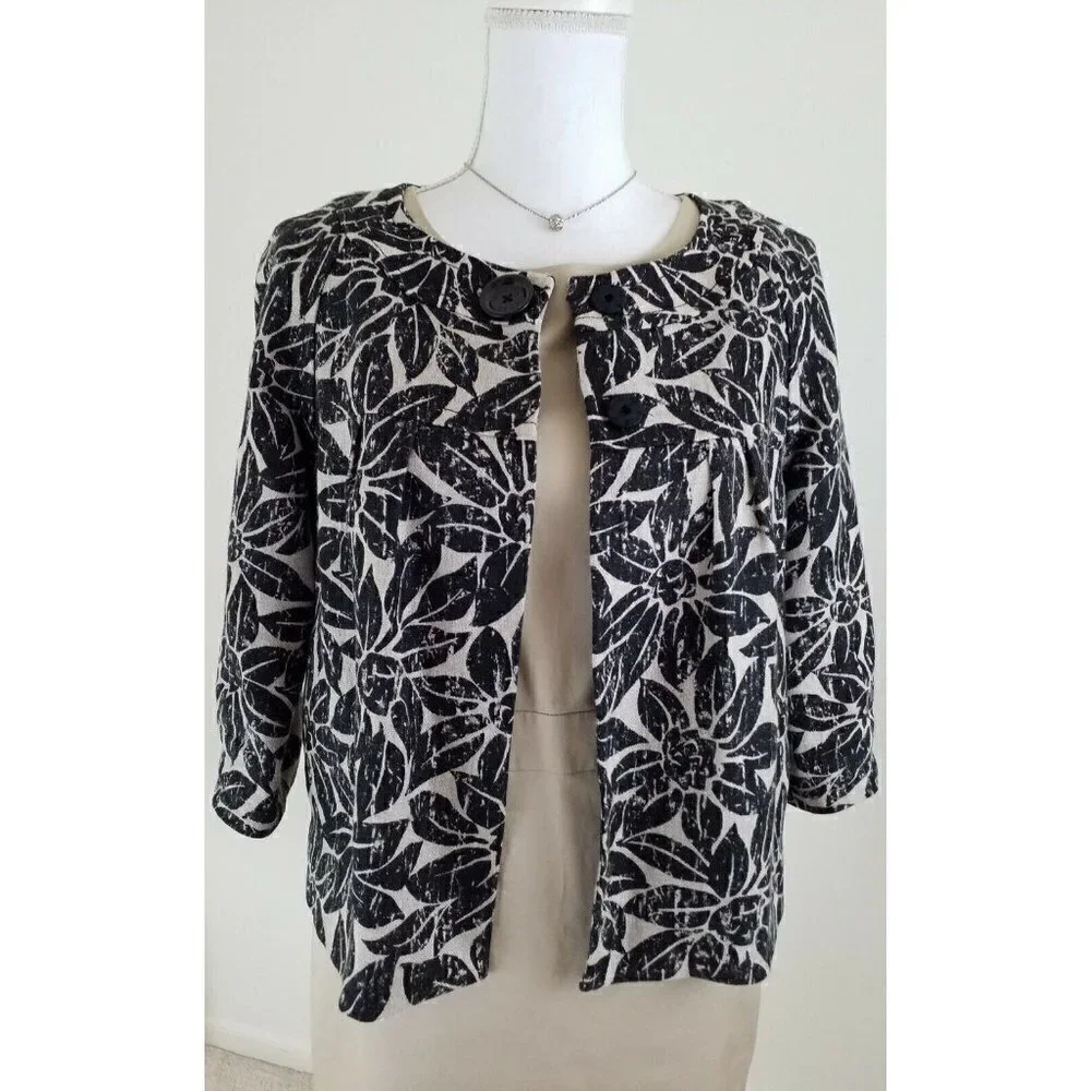 Michael Kors~Women's Size S/P~Beige/Black Linen Blazer Jacket 3/4 Sleeve Career.